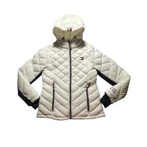 Tommy Hilfiger Women’s Puffer Jacket - S - White Quilted Hooded Logo Zipper -EUC